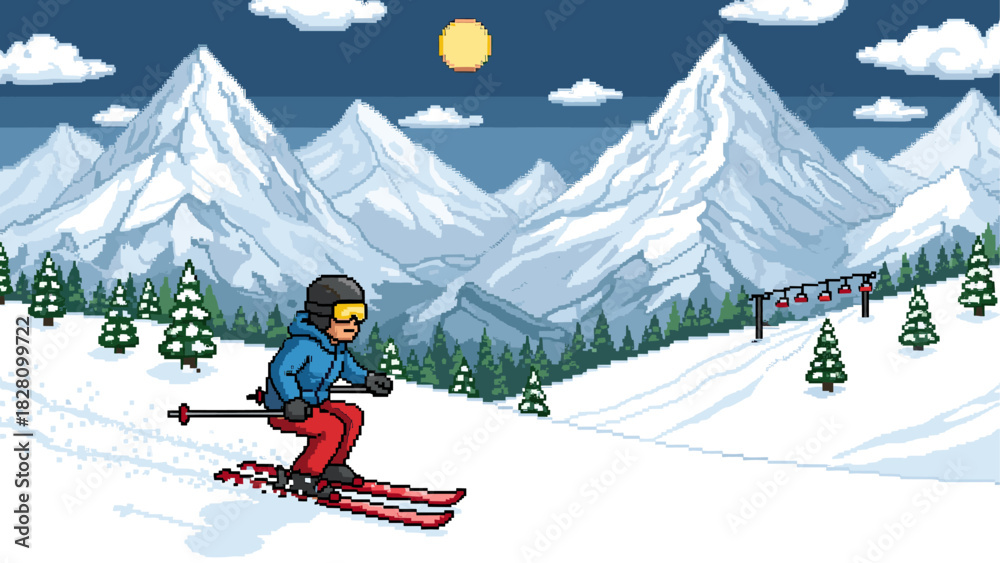 Fototapeta premium Pixel art illustration of a person skiing down a snowy mountain slope at a winter resort with a chairlift and pine trees under a night sky with a moon