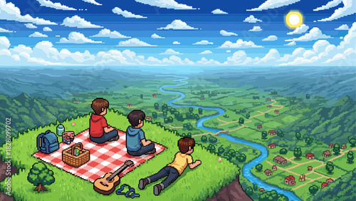 Three pixel art friends having a picnic on a grassy clifftop overlooking a beautiful green valley with a river and village in a retro 8-bit video game style