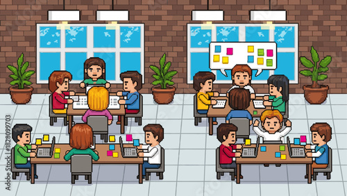 Pixel art illustration of a busy office with people working on laptops, collaborating in meetings, and brainstorming with sticky notes in a modern co-working space