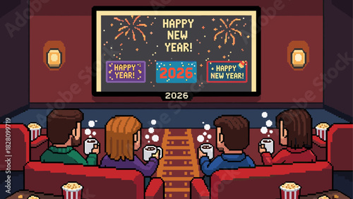 Four people in a cozy cinema watching a festive Happy New Year 2026 greeting on the screen, a charming pixel art illustration with a nostalgic 8-bit video game aesthetic