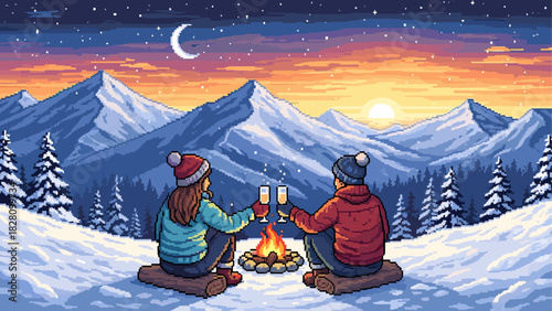 Pixel art illustration of a couple toasting champagne by a cozy campfire in a snowy mountain landscape during a beautiful romantic sunset with a starry night sky