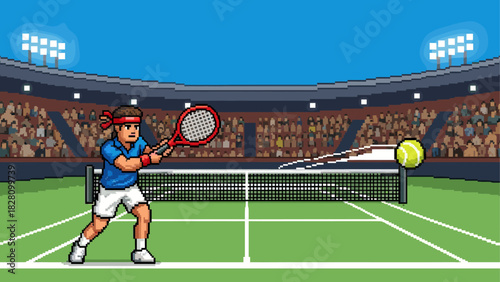 Pixel art tennis player character hitting a fast ball with a racket during a championship match in a large stadium with a crowd in a retro 8-bit video game style