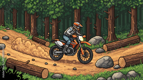 Pixel art motocross rider on an orange dirt bike navigating a challenging forest trail, kicking up dust past logs and rocks in a retro 8-bit video game aesthetic