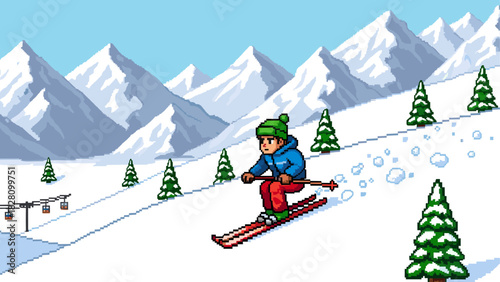 Pixel art skier in winter clothes skiing down a snowy mountain slope in a retro video game landscape with fir trees and a chairlift under a clear blue sky