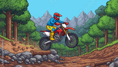 Pixel art motocross rider on a red bike jumping over a log on a dirt track in a forest with mountains, representing extreme sports and adventure in a retro video game style