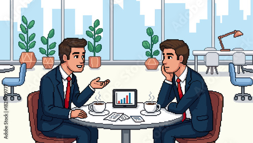 Two pixel art businessmen in suits having a serious meeting and discussing a financial chart on a tablet while drinking coffee in a modern office