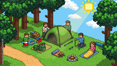Pixel art illustration of a family camping and setting up a tent in a sunny forest clearing with a campfire and backpacks in a retro video game style