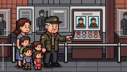 Elderly military veteran guide showing a family with children around a history museum with exhibits, medals, and uniforms in a retro pixel art video game style illustration