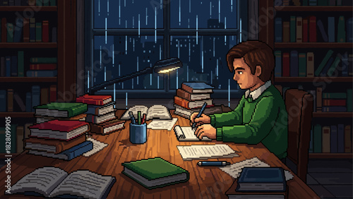 Pixel art illustration of a young student studying diligently at a wooden desk in a cozy library on a rainy night, with warm lamp light creating a peaceful atmosphere
