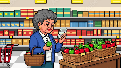 Pixel art illustration of an elderly woman choosing a green apple while shopping for groceries and reading her list in a colorful supermarket aisle
