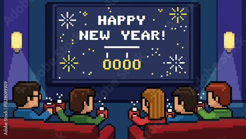 Retro 8-bit pixel art illustration of friends celebrating in a dark cinema, holding drinks and watching a Happy New Year message on the screen