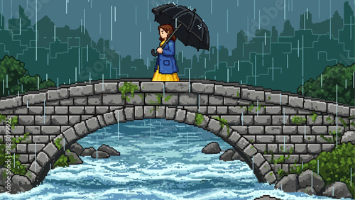 Pixel art woman in a blue coat walking with an umbrella across a stone bridge during a rainstorm over a flowing river in a moody, retro video game style landscape