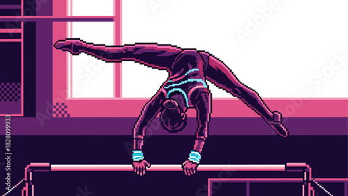 Pixel art female gymnast performs a handstand split on a horizontal bar, showcasing impressive balance and flexibility in a vibrant retro-style illustration with purple and pink tones