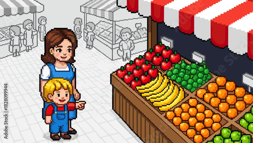 Pixelated mother and her small son choosing fresh fruit at a vibrant outdoor market stall, with the child pointing excitedly at the colorful display of apples and bananas