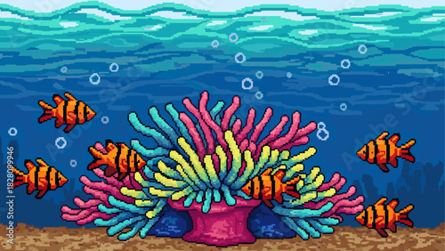 Colorful pixel art sea anemone with fish swimming in a vibrant underwater ocean scene from a retro 8-bit video game with bubbles and a sandy seabed