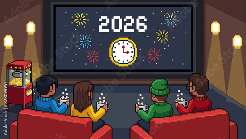 Pixel art illustration of four friends celebrating New Year's Eve 2026, watching a screen with a clock and fireworks while drinking hot chocolate in a cozy home theater