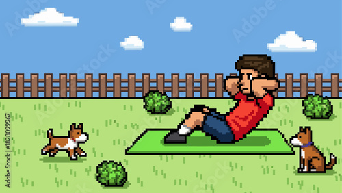 Pixel art character of a young man doing abdominal crunches on a green fitness mat in a backyard, with two small dogs playing on the grass under a blue sky