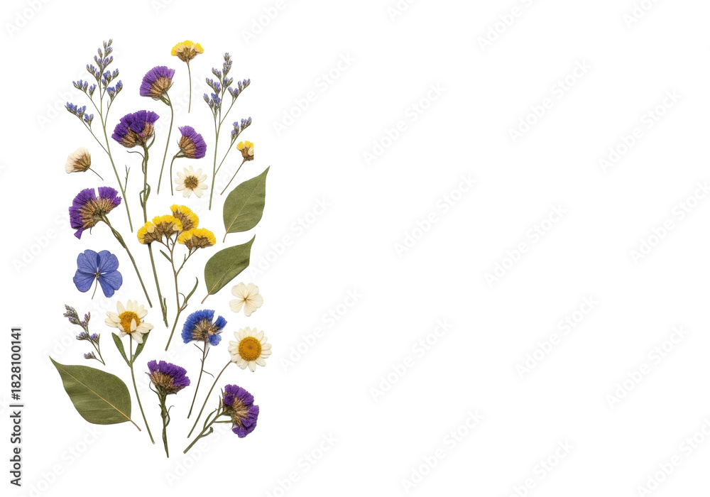 Naklejka premium Meticulously arranged dried wildflowers in muted purple, blue, yellow, and white hues with stems and leaves, flat lay on a transparent background with copy space, serene natural beauty concept