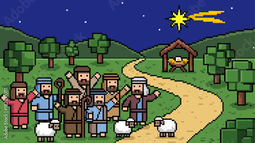 Pixel art nativity scene with shepherds and sheep celebrating the birth of a baby in a manger under the bright guiding star in a retro 8-bit video game style
