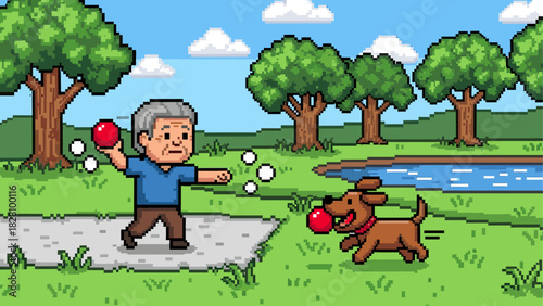 Elderly man playing fetch with his happy brown dog in a beautiful green park, a retro 8-bit pixel art scene with trees, a pond, and a clear blue sky