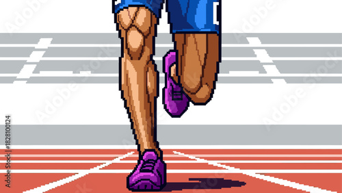 Muscular runner's legs in pixel art style sprinting on a red athletic track, a dynamic low-angle view capturing the speed and energy of a retro video game character