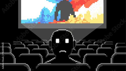 Sad lonely silhouetted pixel art character with glowing eyes sits alone watching a colorful abstract movie on a big screen in a dark empty cinema hall