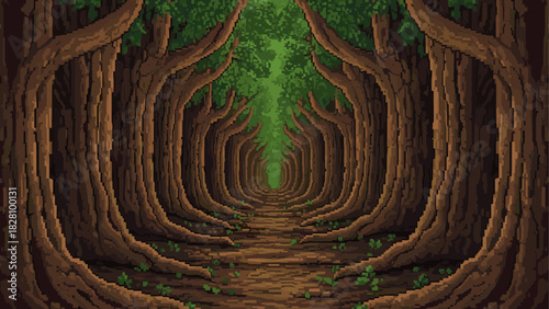 Pixel art forest path with large trees forming a natural tunnel, creating a mysterious and enchanting landscape in a retro 8-bit video game style with a one-point perspective