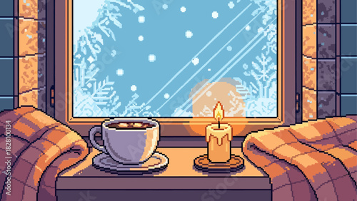 Pixel art illustration of a cozy windowsill with a warm cup of coffee, a glowing candle, and a plaid blanket looking out onto a frosty, snowy winter landscape