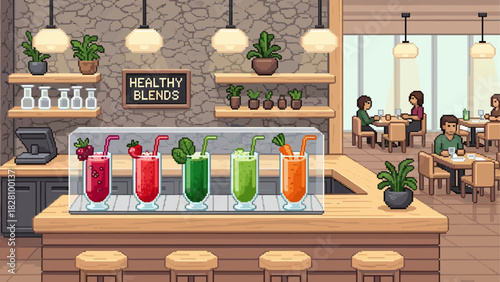 Five colorful fresh fruit and vegetable smoothies displayed on a wooden counter in a cozy pixel art style cafe with customers in the background