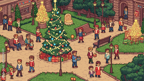 Pixel art Christmas market scene with people celebrating the holiday around a decorated tree in a festive town square with glowing lights and gift boxes