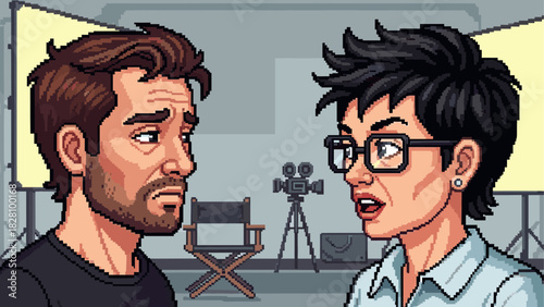 Pixel art illustration of a dejected male actor being reprimanded by an angry female director on a film set with a camera and studio lights in the background