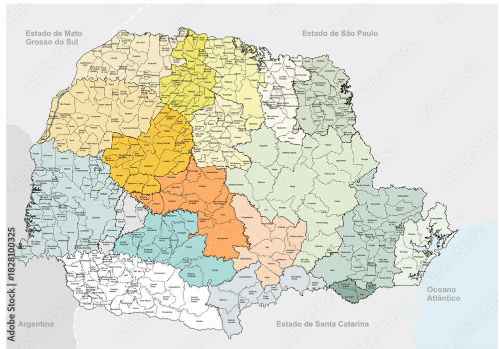 Fototapeta premium Mapa do Paraná com Divisas das cidades Vetorizado e Editável - Divisa das cidades de Paraná
