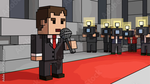 Blocky cartoon man in a dark suit speaking into a microphone while standing on a red carpet in front of flashing paparazzi cameras