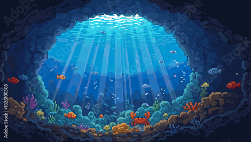 Pixel art illustration of an underwater cave with fish, a crab, and coral on the seabed, illuminated by beautiful sun rays from the surface