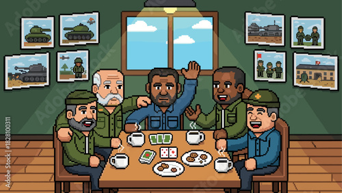 Group of five diverse military veterans happily socializing together, playing cards and drinking coffee in a room decorated with nostalgic photos, rendered in a pixel art style