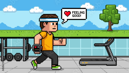 Pixel art man in sportswear running on a treadmill at the gym wearing a smartwatch, feeling good and motivated in a retro 8-bit video game style illustration