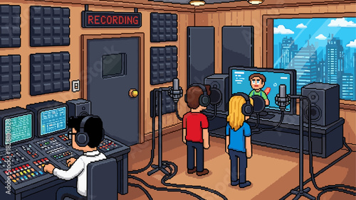 Pixel art illustration of a recording studio with an engineer at a mixing console and performers recording audio for a podcast or broadcast in a soundproofed room