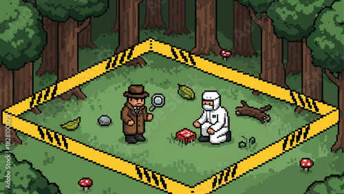 Pixel art illustration of a detective and forensic scientist investigating a crime scene in a forest with yellow caution tape cordoning off the area in an isometric view