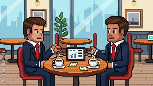 Two businessmen in retro pixel art style sitting at a cafe table with coffee, discussing a business chart on a digital tablet with a city view