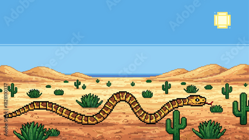Pixelated yellow and brown snake slithering through a vast desert landscape with cacti and a bright sun in a retro 8-bit video game art style