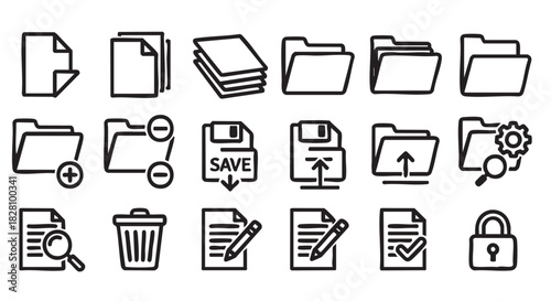 Collection of Office and Document Icon Set in Simple Doodle Style