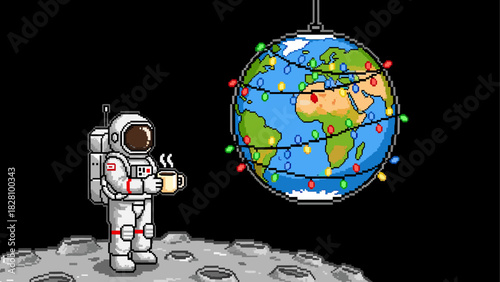 Whimsical pixel art astronaut holding a steaming mug on the moon's surface next to a hanging Earth ornament with colorful Christmas lights against a dark space background