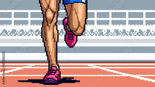 Pixel art illustration of muscular runner's legs sprinting on a red track in a stadium, a low-angle view showing speed and power in a retro 8-bit video game style