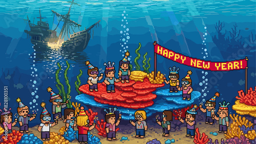 Whimsical pixel art illustration of diverse characters celebrating New Year's Eve underwater among coral reefs with a sunken pirate ship in the background