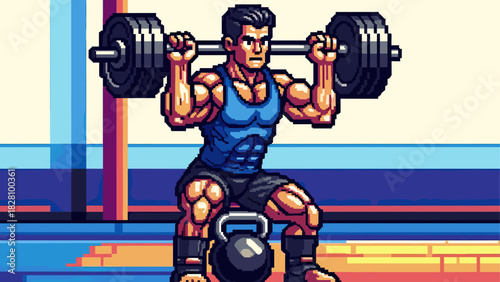 Pixel art illustration of a muscular bodybuilder lifting a heavy barbell overhead in a retro 8-bit video game style, showing intense focus and strength in a colorful gym