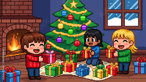 Three happy pixel art children opening gifts around a decorated Christmas tree in a cozy living room with a warm fireplace, creating a festive and joyful holiday scene