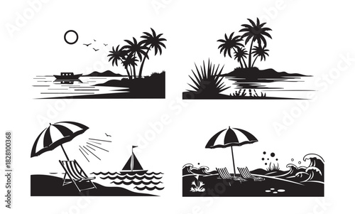 Tropical beach and island vacation silhouettes icon collection