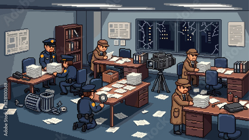 Pixel art illustration of a busy detective agency with police officers and investigators working late at night in a cluttered office, searching for clues among stacks of paperwork
