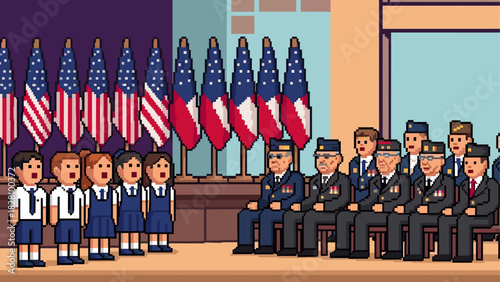 Pixel art schoolchildren in blue uniforms singing for seated military veterans at a patriotic ceremony on a stage decorated with a row of national flags