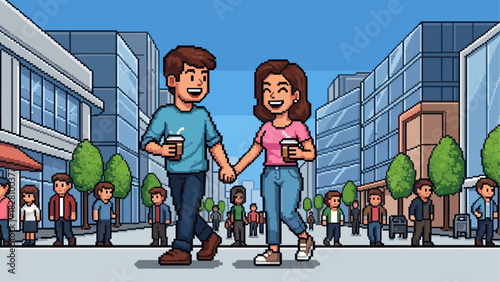 Romantic pixel art couple holding hands and coffee cups, walking together on a sunny day through a crowded urban city street with tall glass buildings